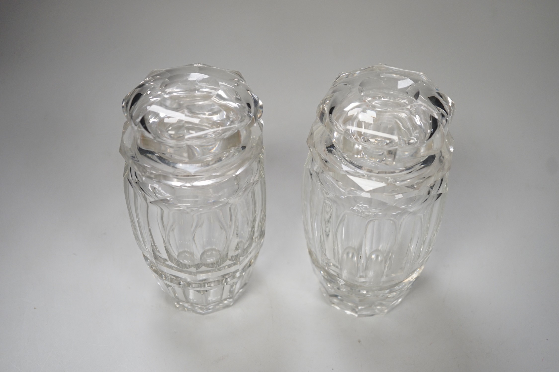 A pair of late 19th century Bohemian panel cut glass pickle jars. 15cm tall